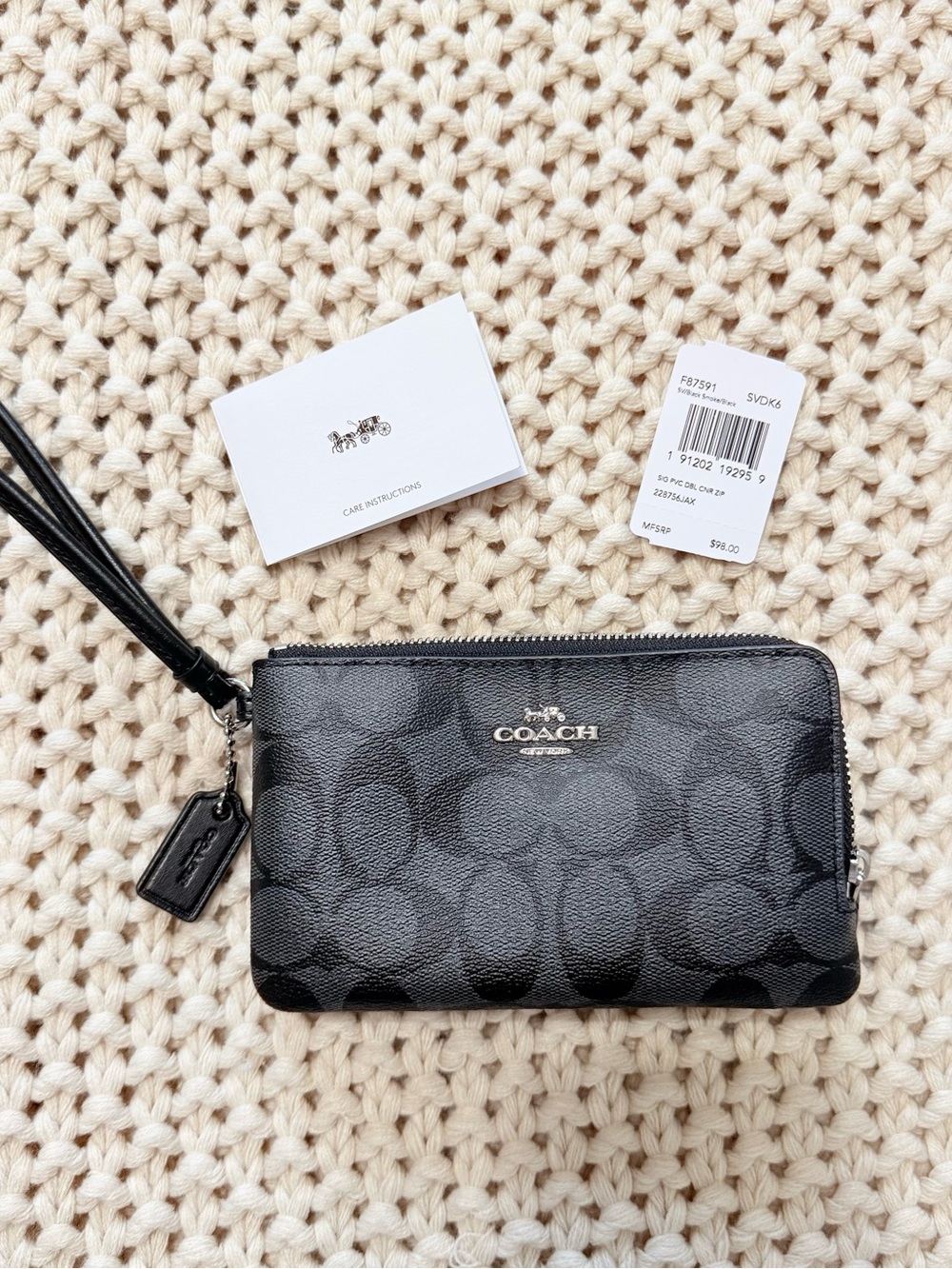 Coach Black Signature Double Zip Card & Key Wristlet